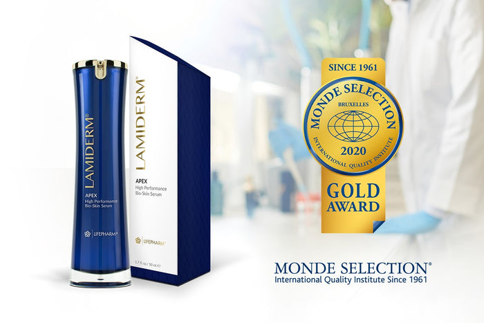 lamiderm bottle and gold award badge
