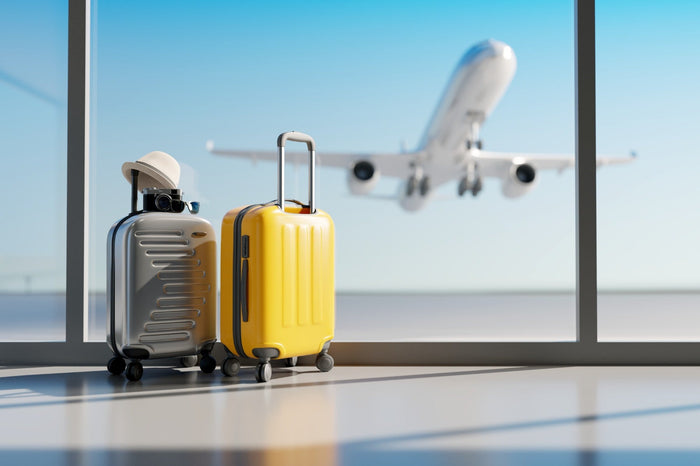 suitcases and plane taking off